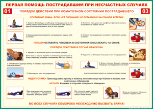 Таблица "Порядок действий при коматозном состоянии пострадавшего" (100х140 сантиметров, винил) - fgospostavki.ru - Зеленогорск