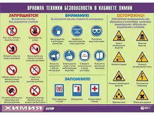 Таблица демонстрационная "Правила техники безопасности в кабинете химии" (винил 100х140) - fgospostavki.ru - Зеленогорск